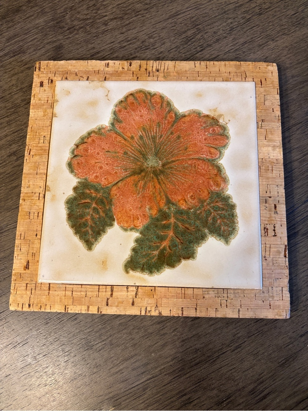 Vintage Floral Ceramic Tile Trivet with Cork Frame - Orange & Green